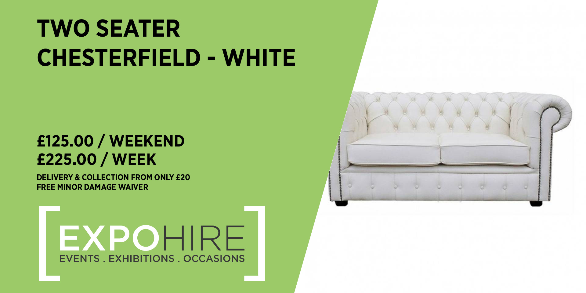 Chesterfield Sofa Hire • White Two Seater • £125 / 3 Days • Expo Hire