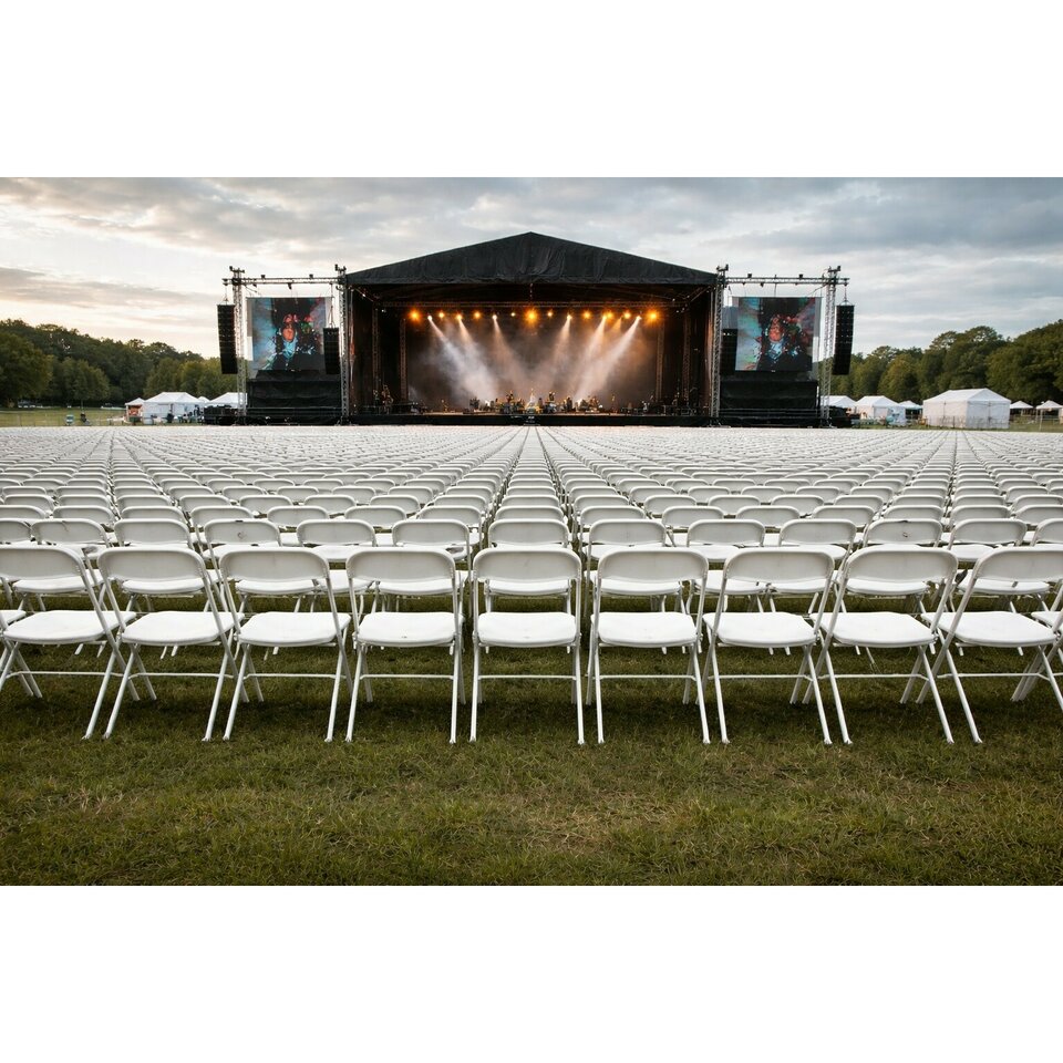 Folding chairs hire: White steel event seating